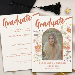 Boho Floral Abschlussfoto verbranntes Orange Schri Ankündigung
