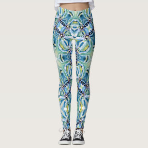 Boho Floral Abstrakt Pattern Artistic Blue Gren Leggings