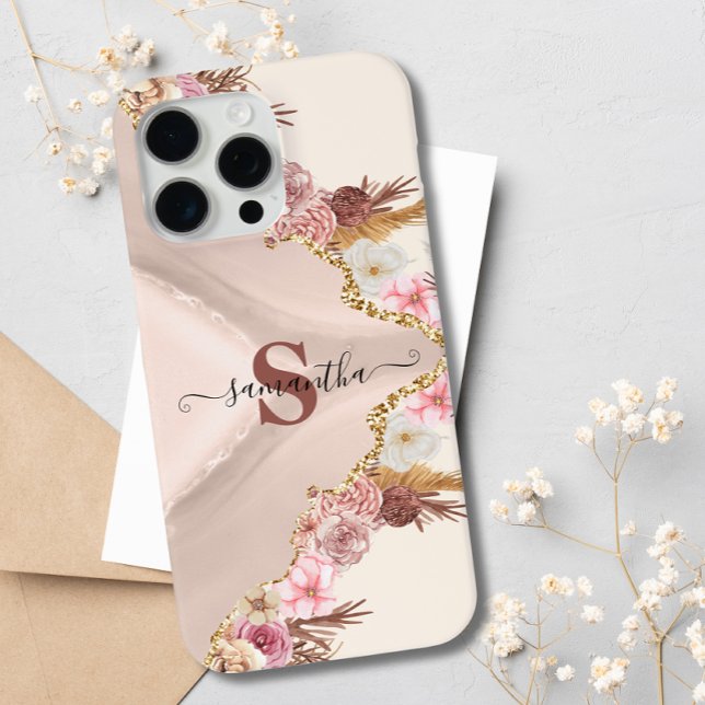 Boho Floral Agate Rose Gold Pink Mit Monogramm Case-Mate iPhone Hülle (Von Creator hochgeladen)