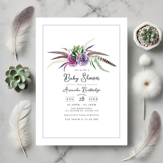 Boho Floral and Feather Baby Shower Einladung (Boho Floral and Feather Baby Shower Invitation)