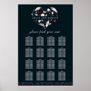 Boho Floral and Feathers 16-Table Seating Chart Poster