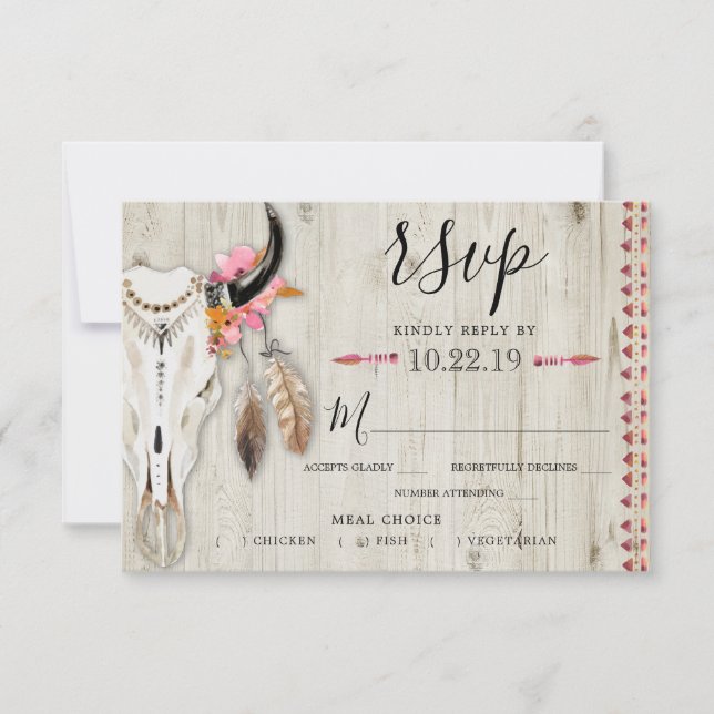 Boho Floral Antler Meal Choice Rustic Wood Wedding RSVP Karte (Vorderseite)