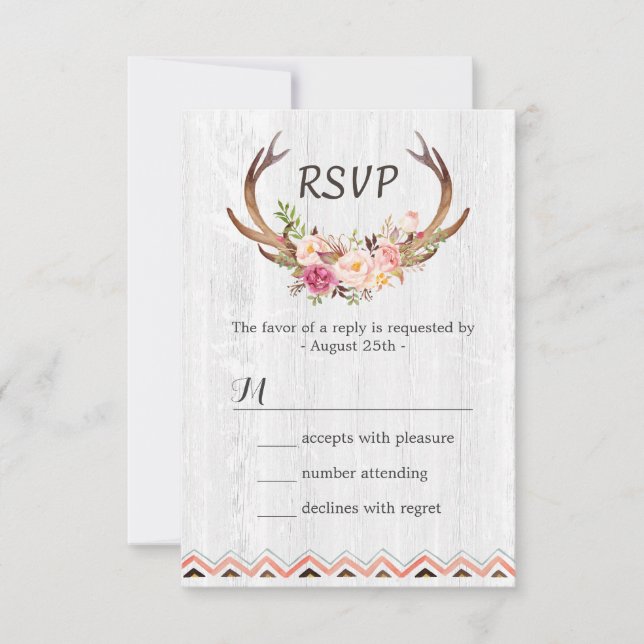 Boho Floral Antler Rustic White Wood Wedding RSVP (Vorderseite)