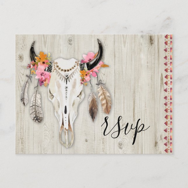 Boho Floral Antler Skull Rustic Wood UAWG Wedding Postkarte (Vorderseite)