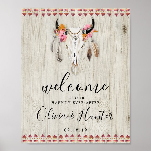 Boho Floral Antlers Kuh Skull Begrüßung Poster (Vorne)