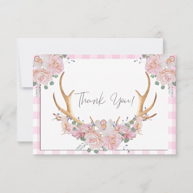 BOHO Floral Antlers Pink Gingham Dankeskarte (Vorderseite)