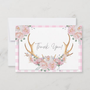 BOHO Floral Antlers Pink Gingham Dankeskarte