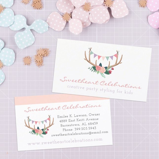Boho Floral Antlers & Shabby Rose Party Jagd Visitenkarte (Von Creator hochgeladen)