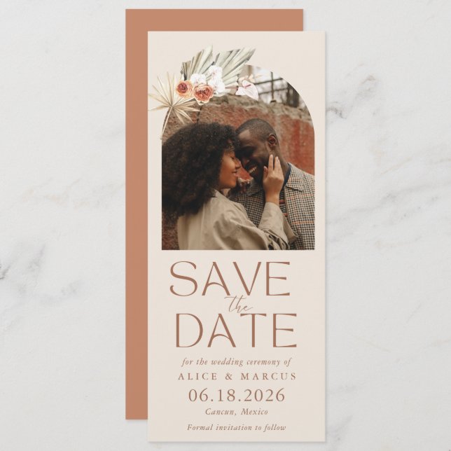 Boho Floral Arch Foto Hochzeit speichern das Datum Save The Date (Vorne/Hinten)