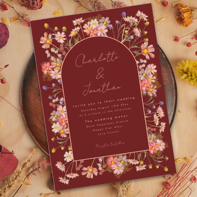 Boho Floral Arch Terracotta Hochzeit im Herbst Einladung (Wildflower arch boho script burgundy terracotta fall wedding invitation)