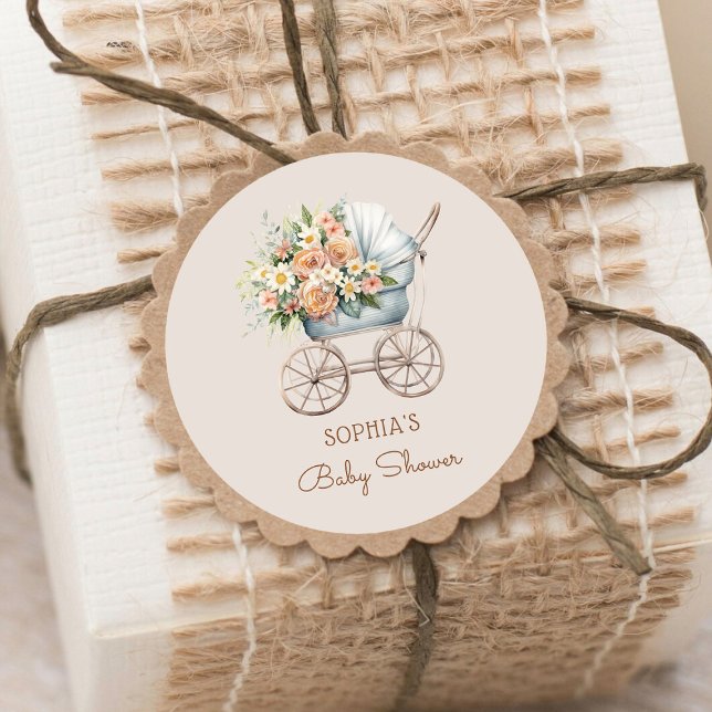 Boho Floral Baby Carriage Baby Shooter Runder Aufkleber (Von Creator hochgeladen)