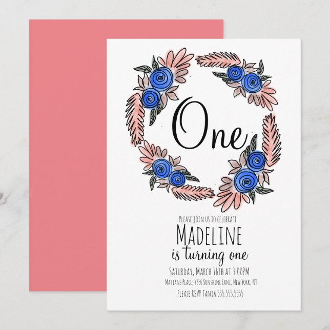 Boho Floral Baby First Birthday Botanischer Kranz Einladung (Vorne/Hinten)