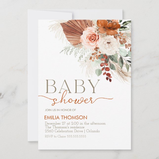 Boho Floral Baby Shower Einladung (Vorderseite)