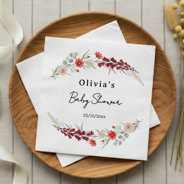 Boho floral Baby Shower red wildflower watercolor  Serviette (Von Creator hochgeladen)