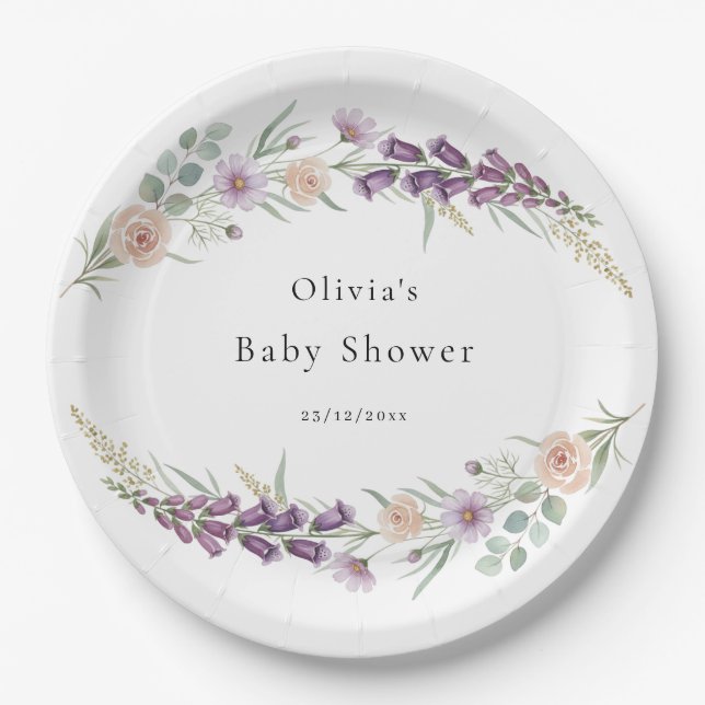 Boho Floral Baby Shower Wildflower Watercolor  Pappteller (Vorderseite)