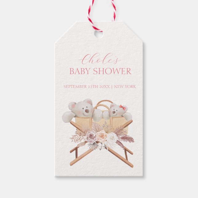 Boho Floral Bear Bassinet Girl Baby Dusche Geschenkanhänger (Vorderseite)