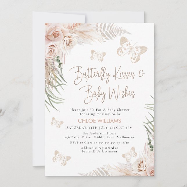 Boho Floral Beige Butterfly Kisses Baby Shower Einladung (Vorderseite)