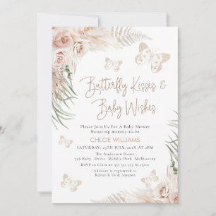 Boho Floral Beige Butterfly Kisses Baby Shower Einladung