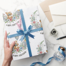 Boho floral birthday bear geschenkpapier