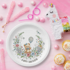 Boho floral birthday bear pappteller