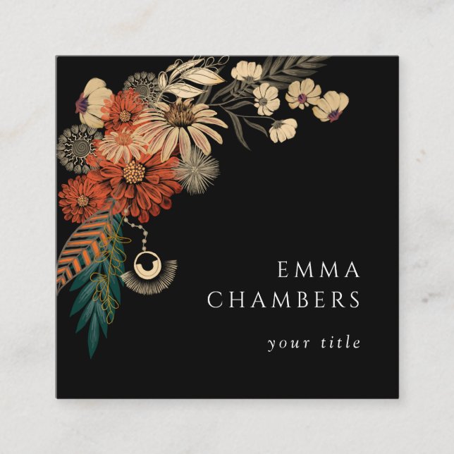 Boho Floral Black Business Card Quadratische Visitenkarte (Vorderseite)