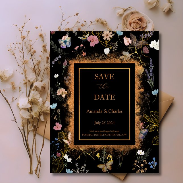 Boho Floral Black Butterfly Garden Save the Date Postkarte (Von Creator hochgeladen)