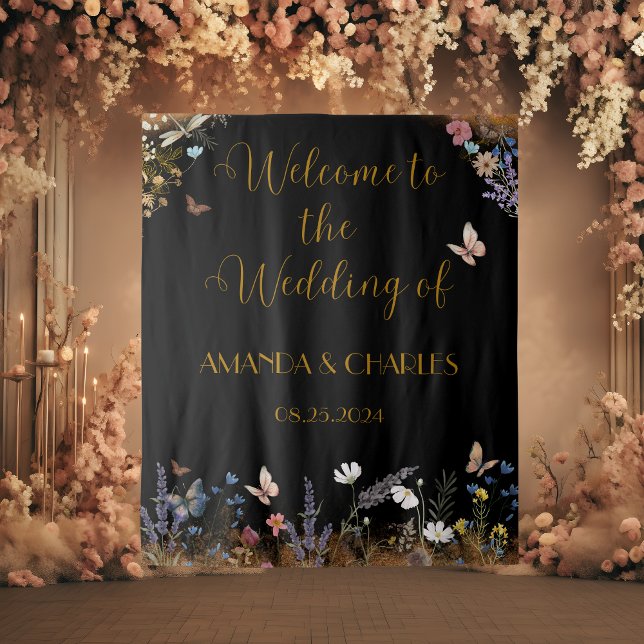 Boho Floral Black Butterfly Garden Tapestory Wandteppich (Von Creator hochgeladen)