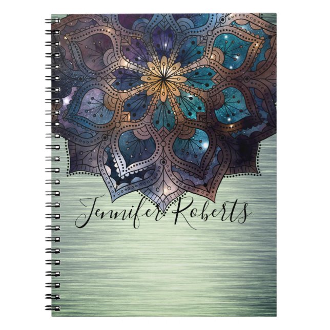 Boho Floral Blue Gold Mandala Chic Green Metallic Notizblock (Vorderseite)
