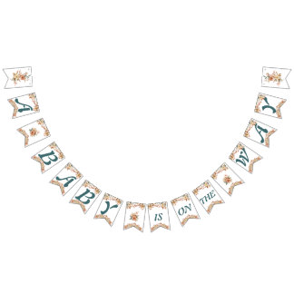 Boho Floral Blue Letters on White Baby Shower Wimpelkette