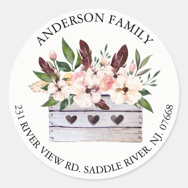 Boho Floral Blume Box Address Label Runder Aufkleber (Vorderseite)