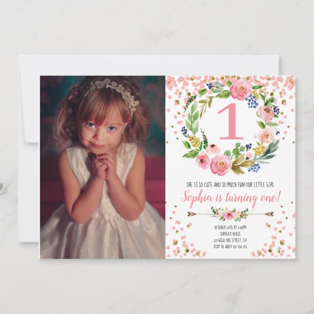 Boho Floral Blume Confetti Girl Foto Einladung (Vorderseite)