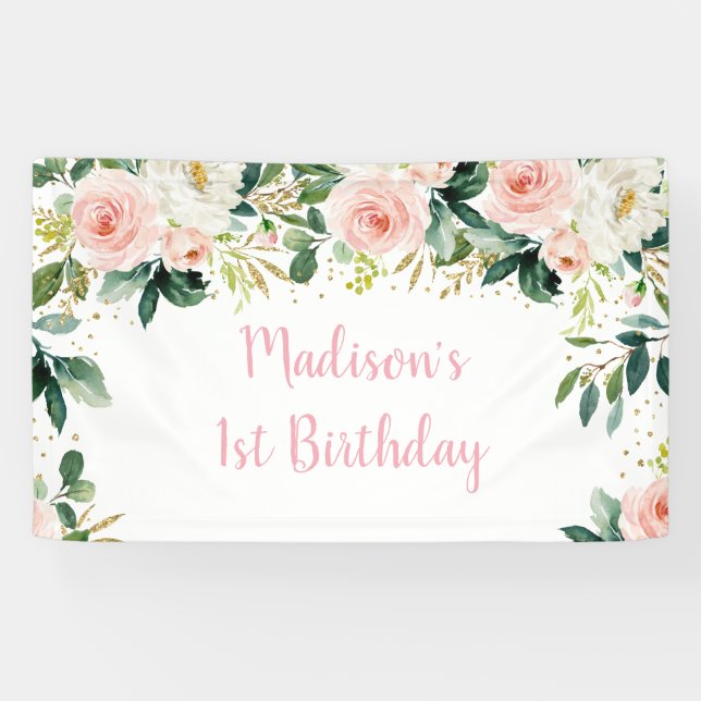 Boho Floral Blush Gold Geburtstag Banner (Horizontal)