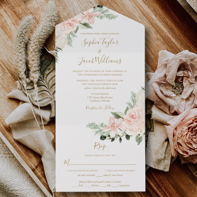 Boho Floral Blush Pink und Sage Green Wedding All In One Einladung (Von Creator hochgeladen)