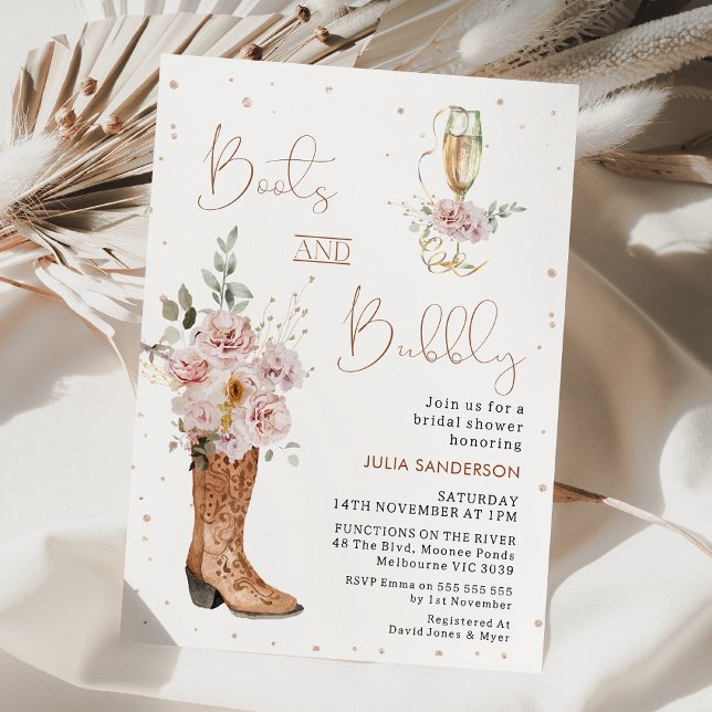 Boho Floral Boot and Brunch Brautparty Einladung (Chic floral boots and brunch bridal shower invitation with champagne glass and calligraphy text.)