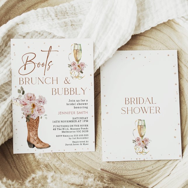 Boho Floral Boot Brunch Bubble Brautparty Einladung (Boots brunch and bubbly bridal shower invitation in a bohemian style with cowboy boots and glass.)