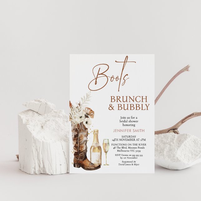 Boho Floral Boots Brunch Bubbly Brautparty Einladung (Floral Cowgirl Boots Brunch and Bubbly Bridal Shower Invitation, Champagne Glass and Bottle, Wedding)
