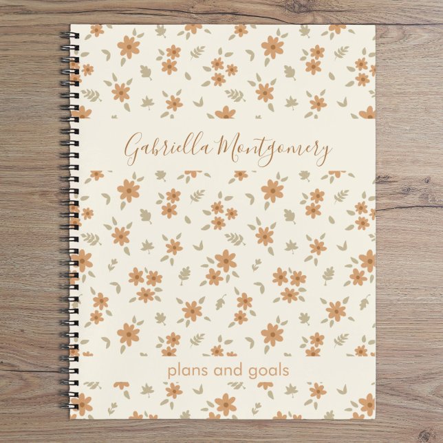 Boho Floral Botanical Pattern Girl Beige Name Text Notizbuch (Von Creator hochgeladen)