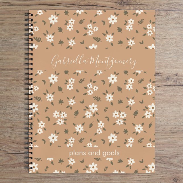 Boho Floral Botanical Pattern Girl Brown Name Text Notizbuch (Von Creator hochgeladen)