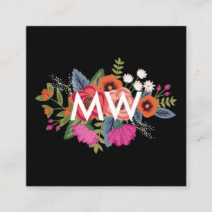 Boho Floral Bouquet Black Background Monogramm Quadratische Visitenkarte