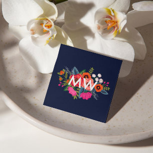 Boho Floral Bouquet - Navy Blue - Monogram Quadratische Visitenkarte