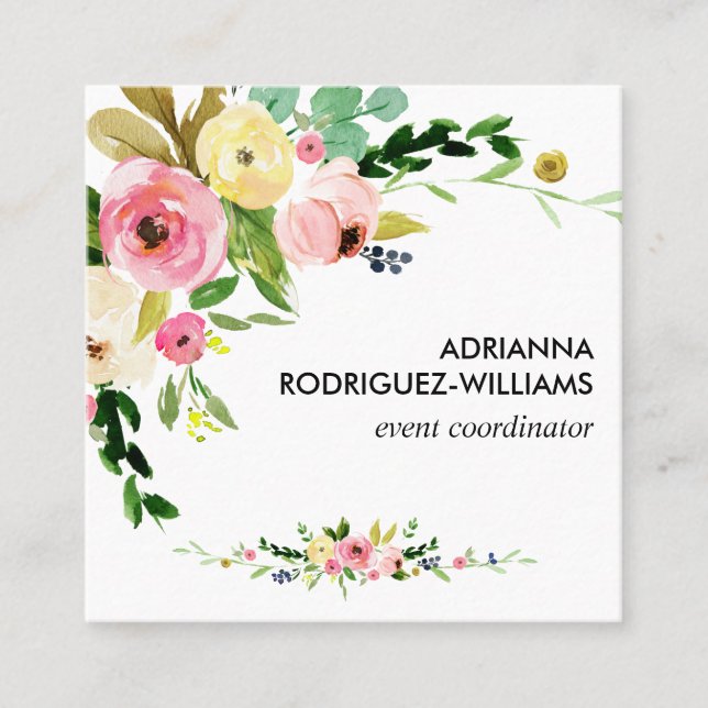 Boho Floral Bouquet Square Business Card Quadratische Visitenkarte (Vorderseite)