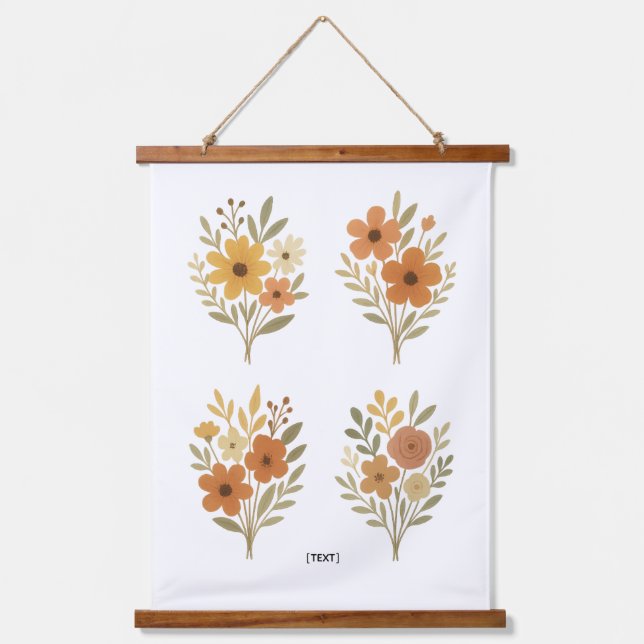 Boho Floral Bouquet Wall Tapestry | Add Text Wandteppich Mit Holzrahmen (Vorderseite)