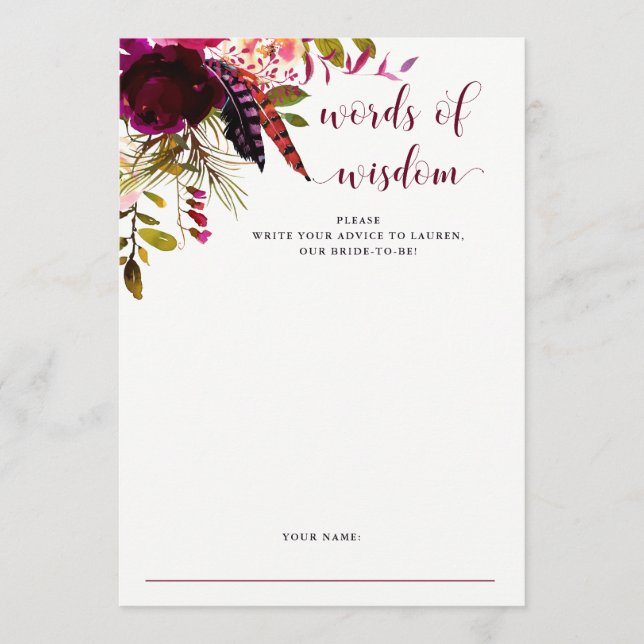 Boho Floral | Brautparty Advisor Card Hinweiskarte (Vorderseite)