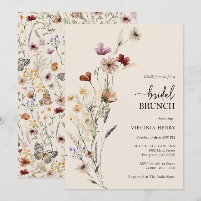 Boho Floral Bridal Brunch Einladung (Vorne/Hinten)