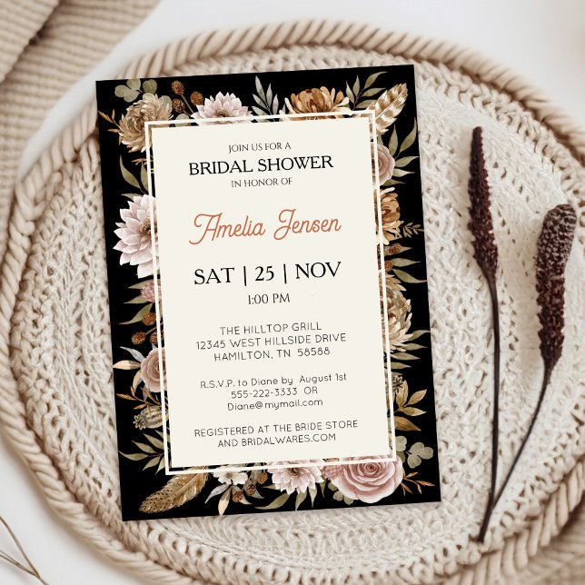 Boho Floral Bridal Dusche Einladung (Front of Boho Floral Black Boho Bridal Shower Invitation)