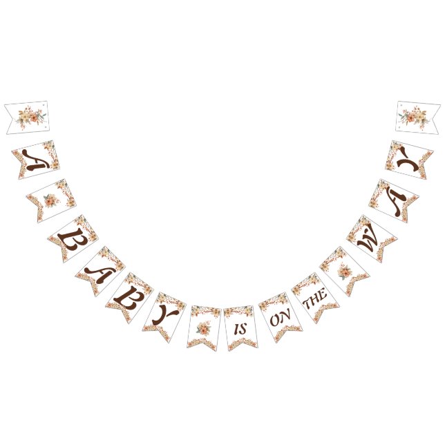 Boho Floral Brown Letters on White Baby Shower Wimpelkette (Alle)