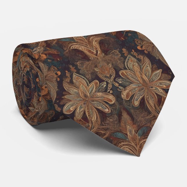Boho Floral Brown Lila Bohemisch Style Neck Tie Krawatte (Gerollt)