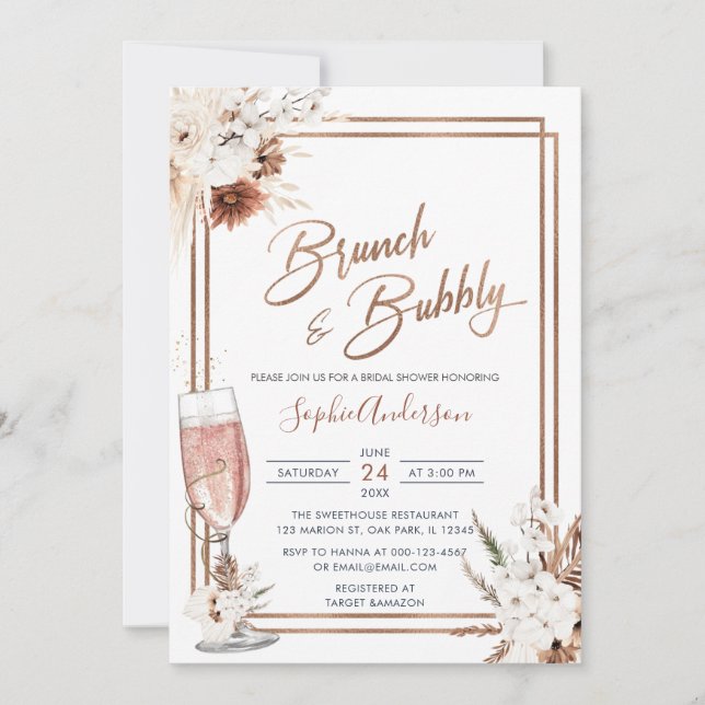 Boho Floral Brunch & Bubbly Brautparty Einladung (Vorderseite)