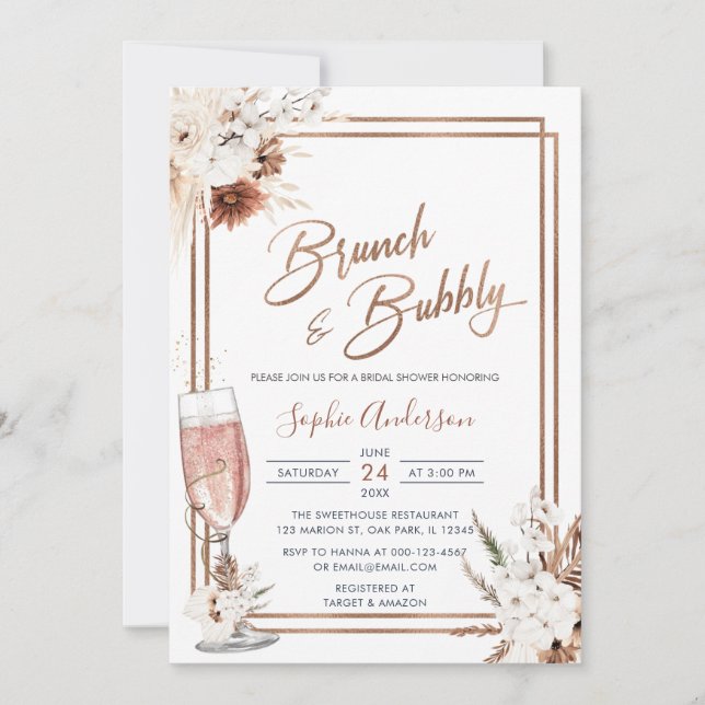 Boho Floral Brunch & Bubbly Brautparty Einladung (Vorderseite)