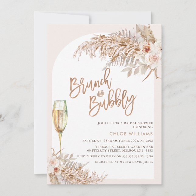 Boho Floral Brunch Bubbly Brautparty Einladung (Vorderseite)